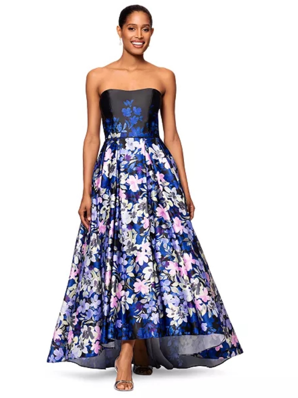 NWT Betsy & Adam Midnight Bloom Strapless Floral Gown Size 4